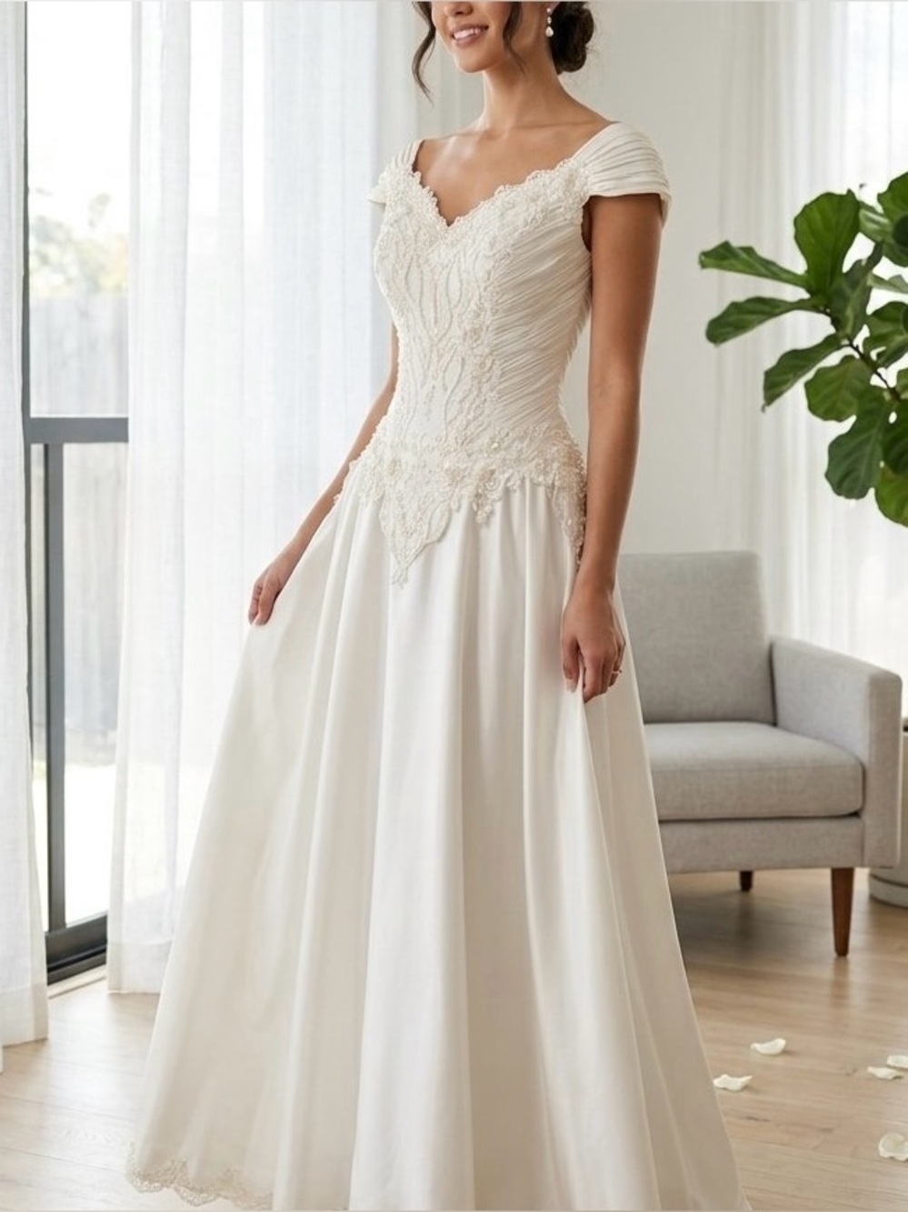 Vintage Pearl Embroidered Satin Bridal Gown Off Shoulder Princess Dress Sz 8